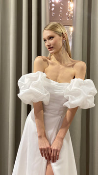 A-Line Puff Sleeve Evening Gown Beaded Belt High Slit Prom Dress Ms2602052