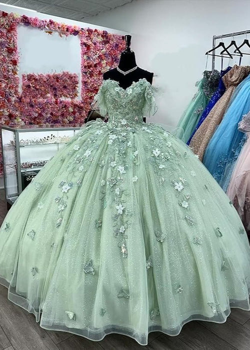 Sage Green Quinceanera Dress Floral Lace Appliques Ball Gown Off Shoulder Corset Tulle Party Gown Ms26055096