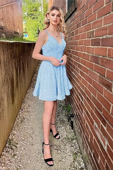 V Neck Sequin Homecoming Dresses A-Line Spaghetti Straps Sparkly Prom –  Msikoods Official Store