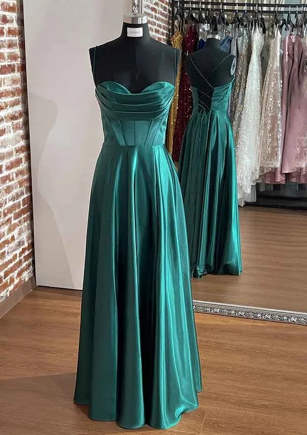 Sexy Satin Prom Dress Spaghetti Strap A Line Corset High Slit Evening Dress Ms2603263
