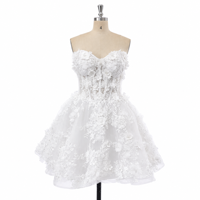 Abito da sposa corto con corpetto senza spalline e stampa floreale 3D Mini Abito da sposa per ricevimento Ms2504193