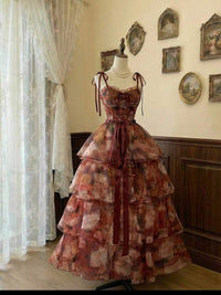 Pink Floral Print Quinceanera Dress Spaghetti Strap Tiered Ball Gown Corset Princess Prom Dress Ms2607163
