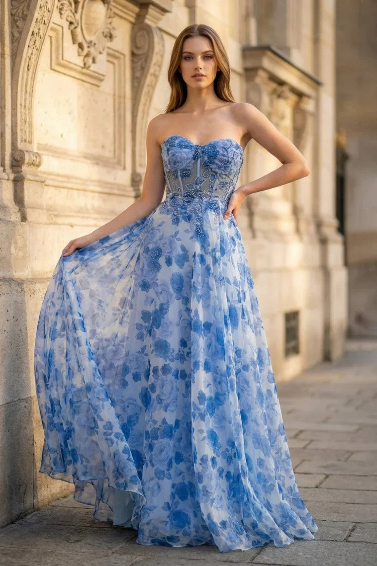 A Line Prom Dress Strapless Corset Print Floral Formal Evening Dress Ms2603106
