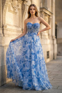 A Line Prom Dress Strapless Corset Print Floral Formal Evening Dress Ms2603106