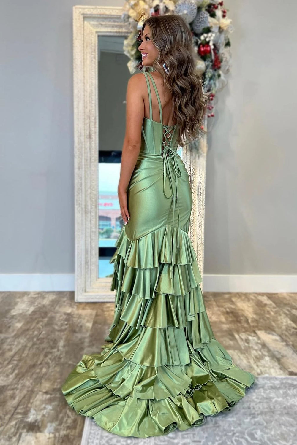 Satin Mermaid Prom Dress V Neck Corset Evening Dress High Slit Tiered Party Dress Ms2606235