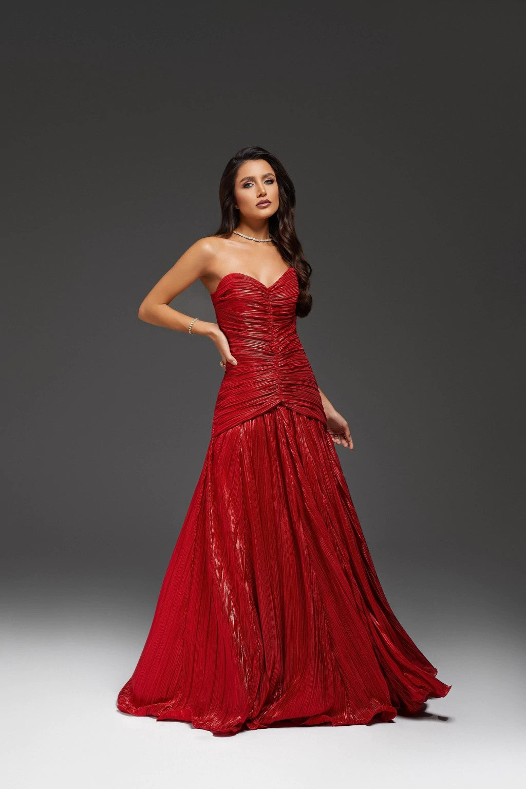 Red Strapless Ruched Prom Dress Pleated Formal Evening Gown Gala Dress Ms2604142