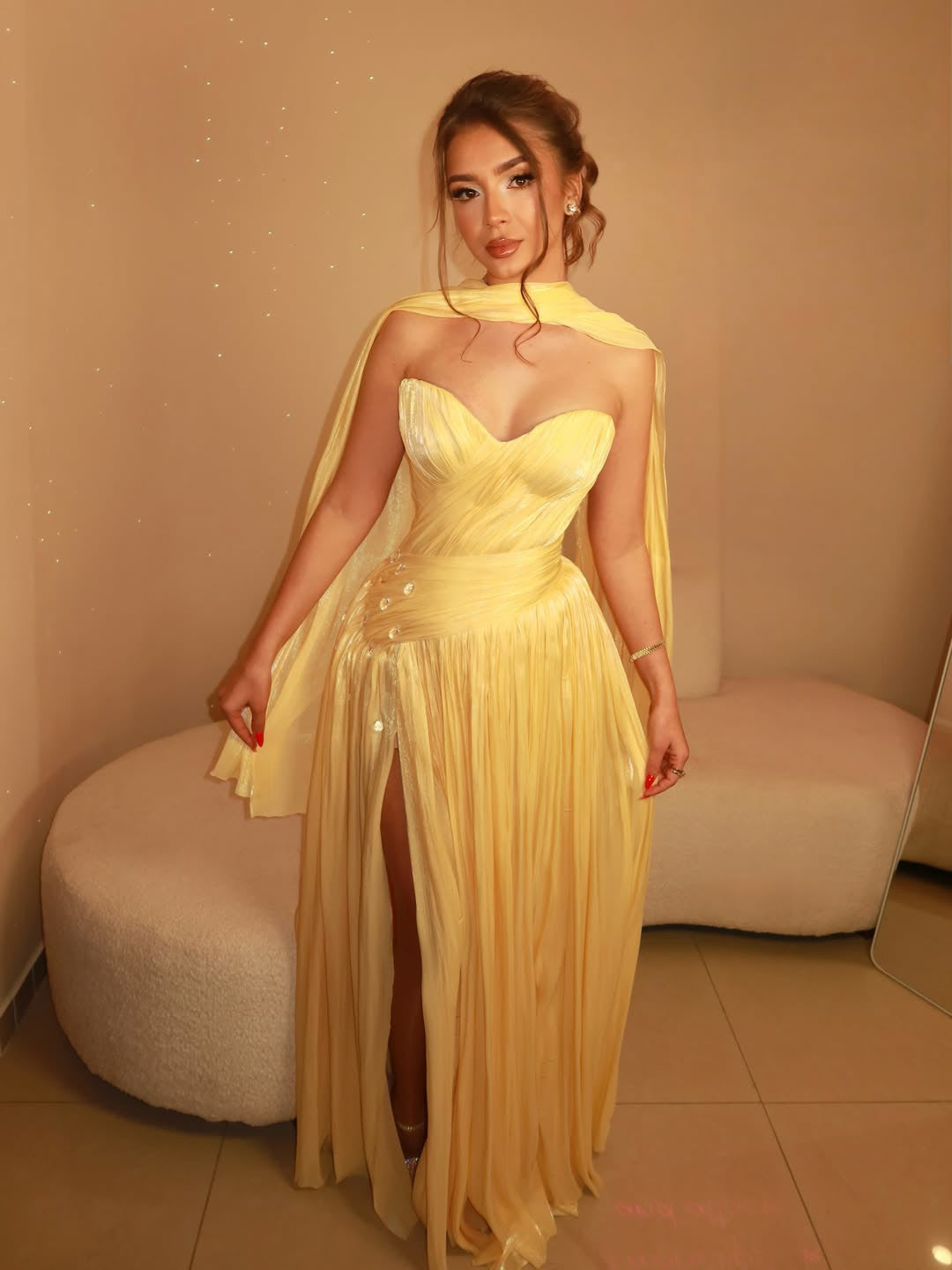 Yellow Propm Dress Strapless Sweetheart Pleated High Slit Cape Gala Gown Ms2605302