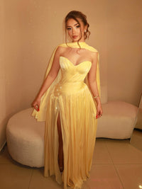 Yellow Propm Dress Strapless Sweetheart Pleated High Slit Cape Gala Gown Ms2605302