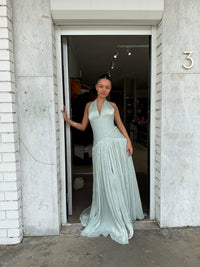 Elegantes grünes Ballkleid mit Rüschen und Rundhalsausschnitt für Damen, formelle Anlässe, Partykleid, Abendkleid