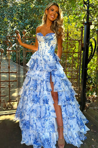 Blue Floral Tiered High Slit Party Gown Romantic Strapless Corset Prom Dress Ms2507112