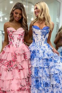 Blue Floral Tiered High Slit Party Gown Romantic Strapless Corset Prom Dress Ms2507112