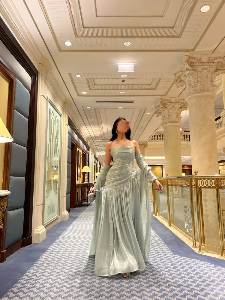 Sage Green Strapless Prom Dress Detachable Long Sleeves Pleated Formal Evening Gown Ms2604184