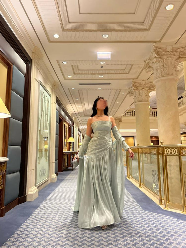 Sage Green Strapless Prom Dress Detachable Long Sleeves Pleated Formal Evening Gown Ms2604184