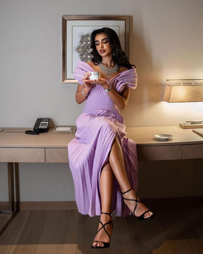 Off Shoulder Pleated Evening Dress Ruched Formal Occasion Gown Prom Dress Ms2601126