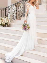 V Neck Long Sleeve Lace Wedding Dress Open Back Illusion Bridal Gown Ms2505242