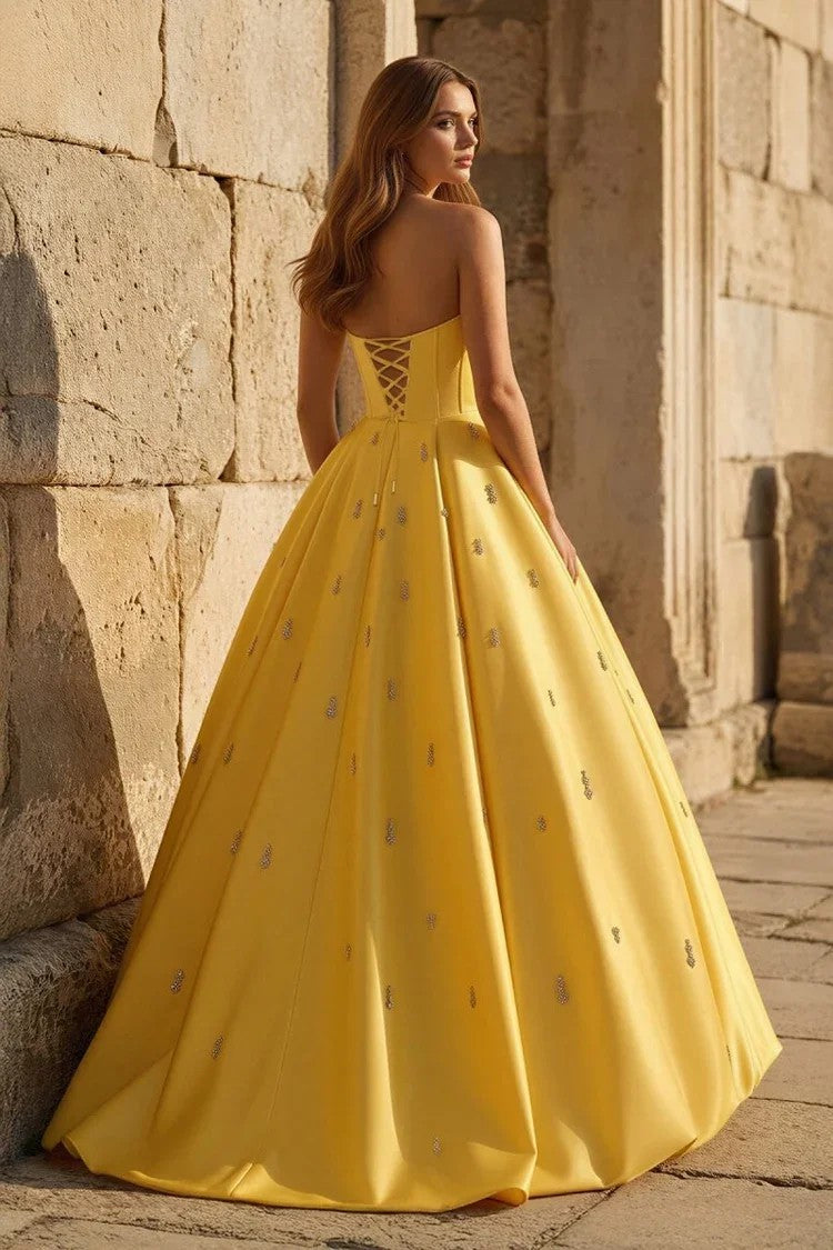 strapless yellow prom dress Sequined Layers A-line Long Yellow / Custom Size gala evenings Yellow Prom Dress Strapless Corset
