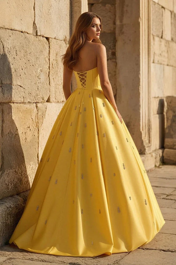 Yellow Prom Dress Strapless Corset Crystal Beaded Satin Ball Gown Evening Dress Ms2603102