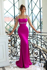 Fuchsia Satin Mermaid Evening Gown Square Neck Crystal Strap Prom Dress Ms2512134