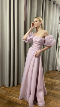 A-Line Puff Sleeve Evening Gown Beaded Belt High Slit Prom Dress Ms2602052