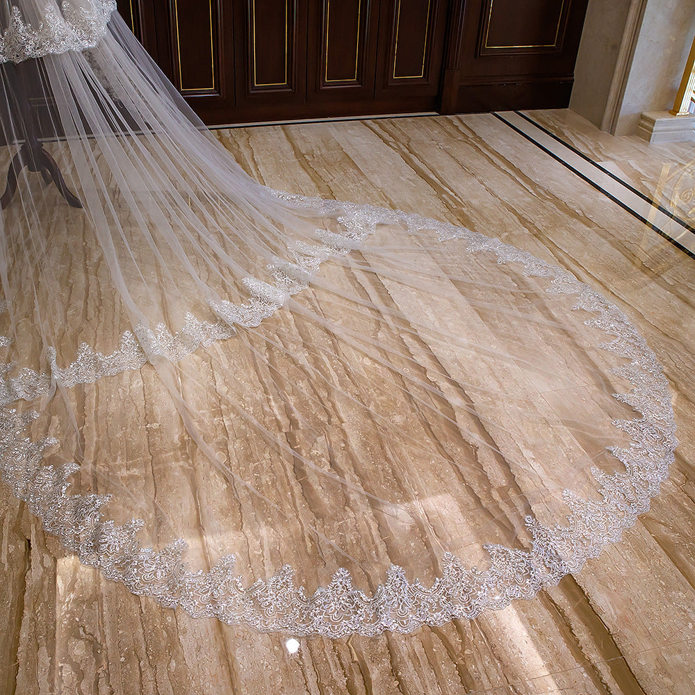 Wedding Veil Lace Applique Edge Long Luxurious Bridal Veil Accessories Ms2603303