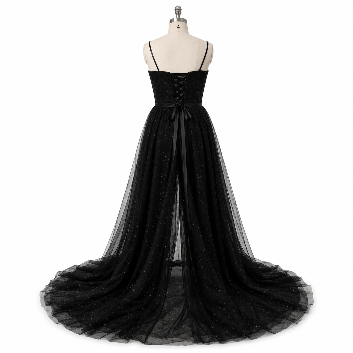 Black Glitter Prom Dress High Slit Tulle A-Line Evening Gown Corset Sexy Formal Dress Ms2504016