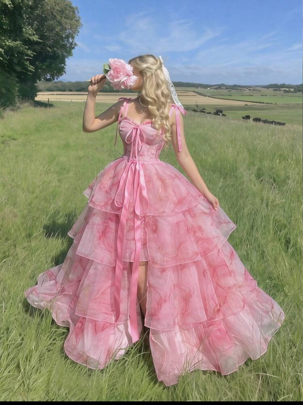 Pink Floral Print Quinceanera Dress Spaghetti Strap Tiered Ball Gown Corset Princess Prom Dress Ms2607163