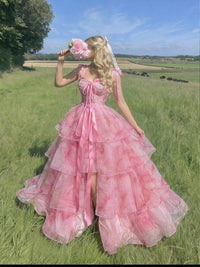 Pink Floral Print Quinceanera Dress Spaghetti Strap Tiered Ball Gown Corset Princess Prom Dress Ms2607163