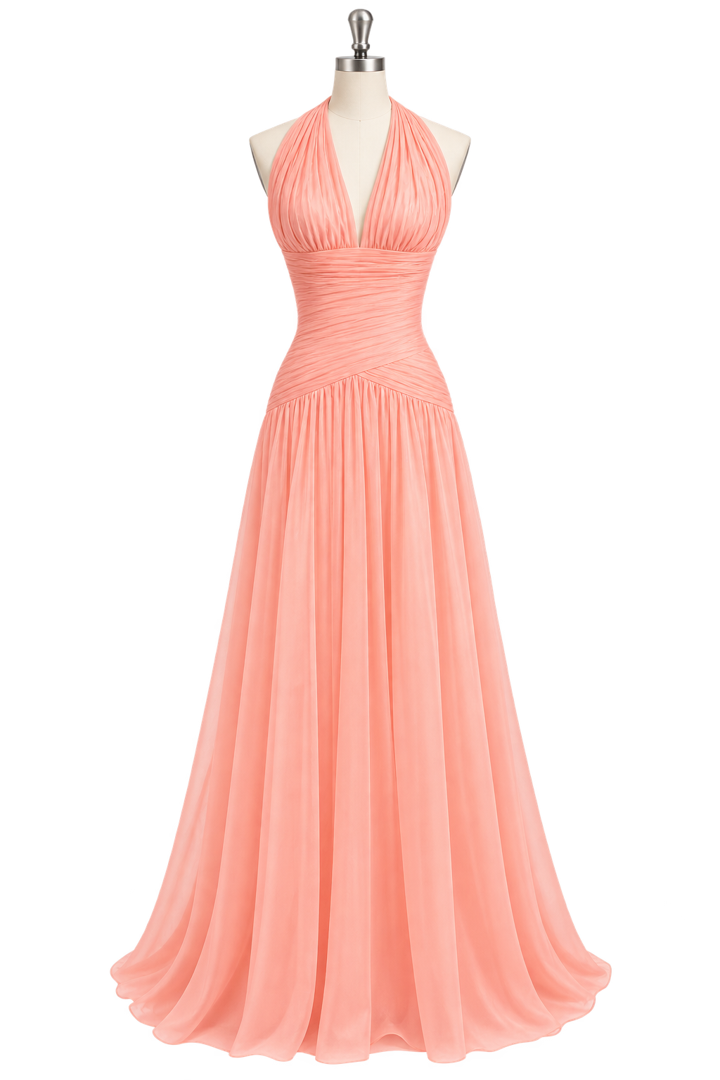 Halter Deep V Neck Pleated Evening Dress Backless Prom Dress Ms2604272