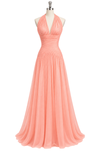 Halter Deep V Neck Pleated Evening Dress Backless Prom Dress Ms2604272