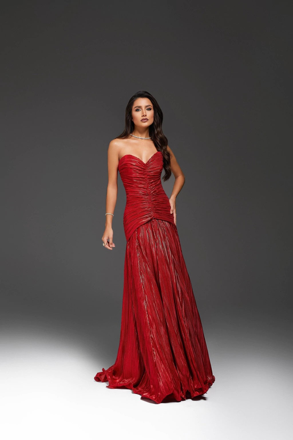 Red Strapless Ruched Prom Dress Pleated Formal Evening Gown Gala Dress Ms2604142