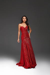Red Strapless Ruched Prom Dress Pleated Formal Evening Gown Gala Dress Ms2604142