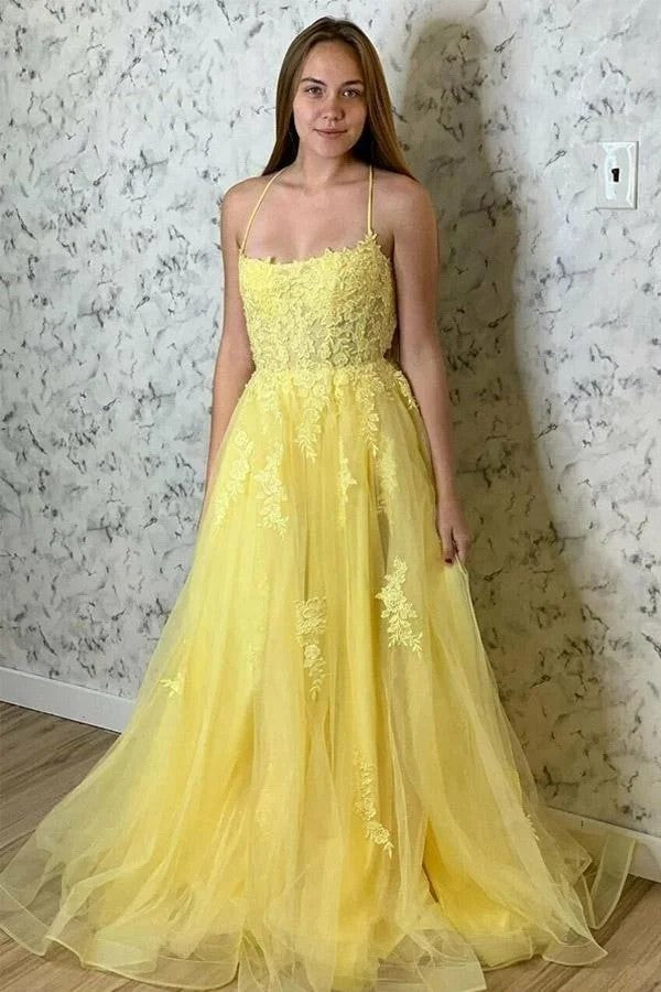 Yellow Lace Appliques Prom Dress A Line Tulle Evening Dress Spaghetti Straps Party Dress Ms262204