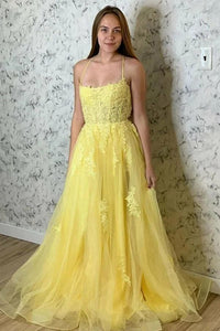 Yellow Lace Appliques Prom Dress A Line Tulle Evening Dress Spaghetti Straps Party Dress Ms262204