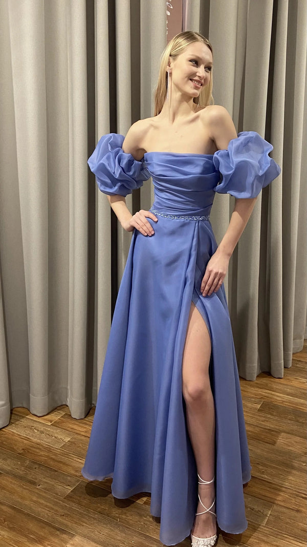 A-Line Puff Sleeve Evening Gown Beaded Belt High Slit Prom Dress Ms2602052
