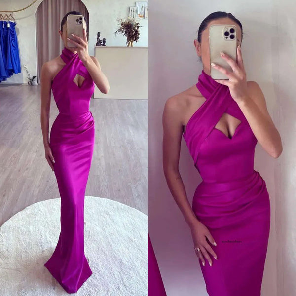 Magenta Halter Neck Satin Evening Gown Criss Cross Mermaid Prom Dress Ms2601142