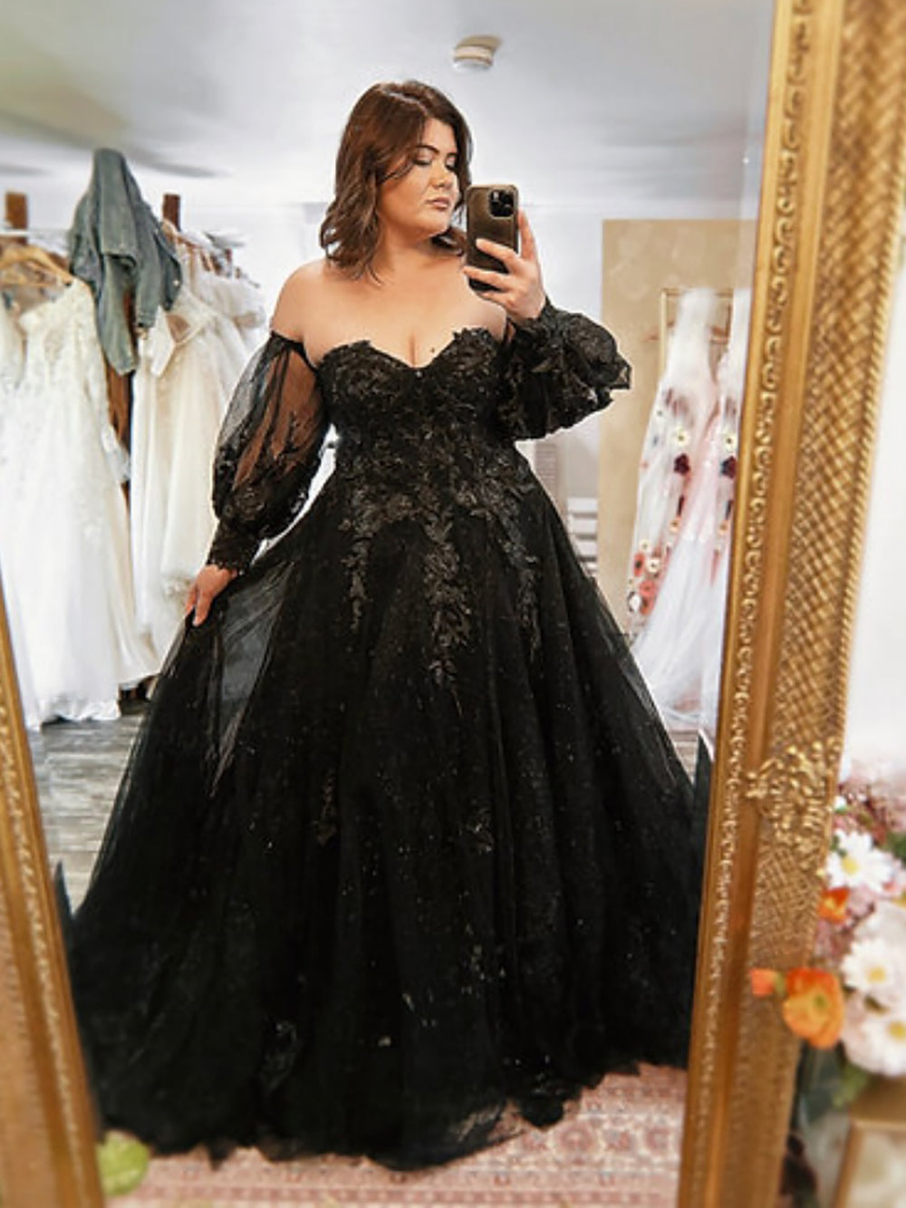 Plus Size Black Lace Wedding Dress Gothic Long Sleeve Off Shoulder Bri – Msikoods Official Store
