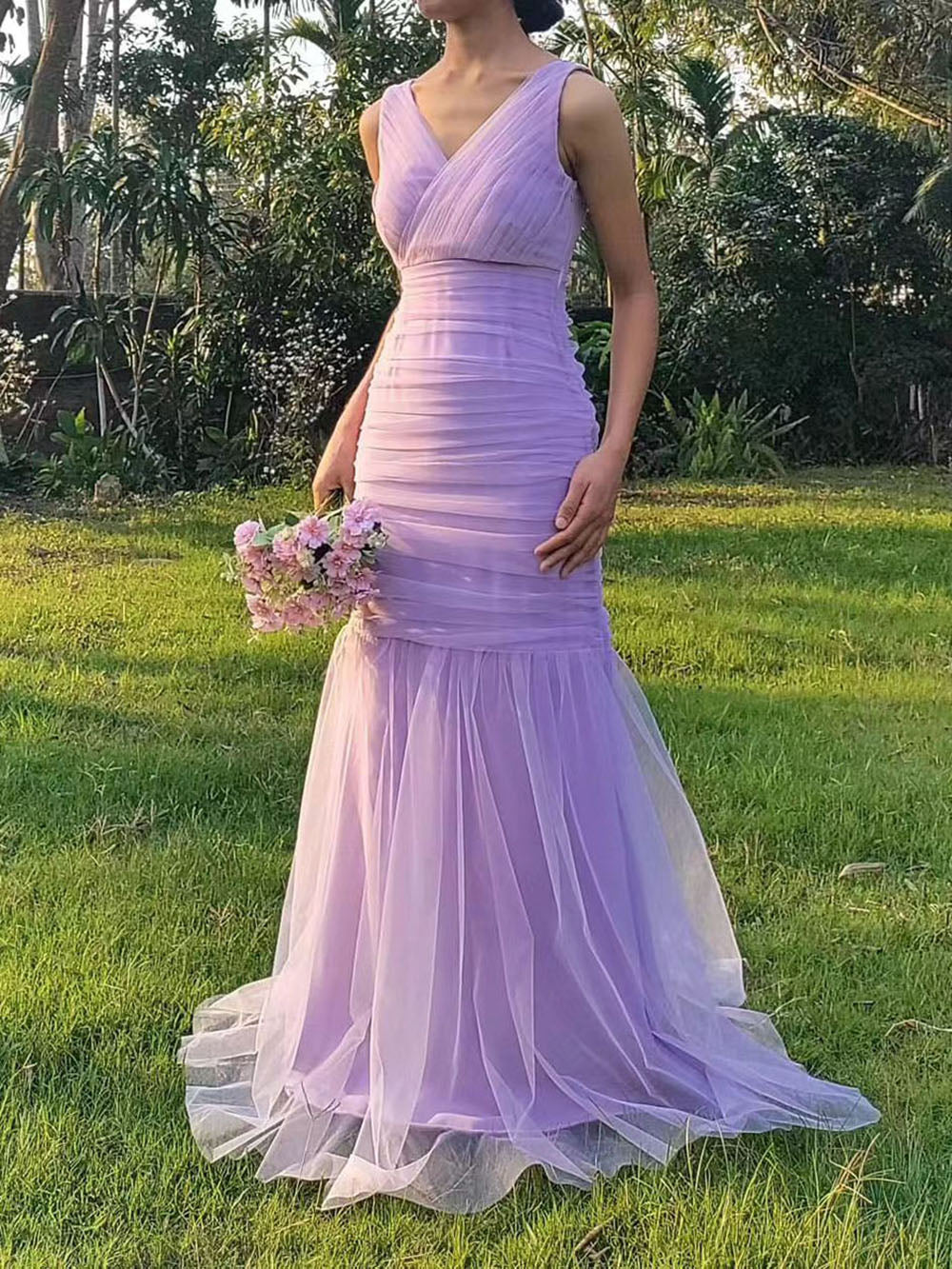 Lavender Wedding Dresses For Women V Neck Sleeveless Pleats Bride Dres – Msikoods Official Store