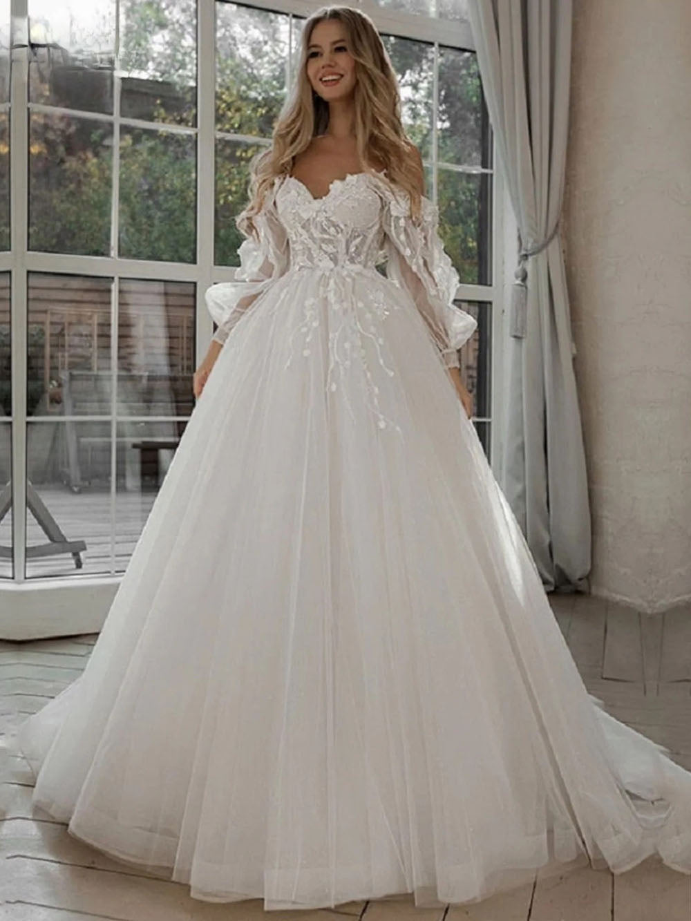 princess wedding dress with sleeves Modest Long Sleeve Lace Tulle A-line Dress, Pleats while the tulle skirt is layered Modest Tulle Long Sleeves Princess