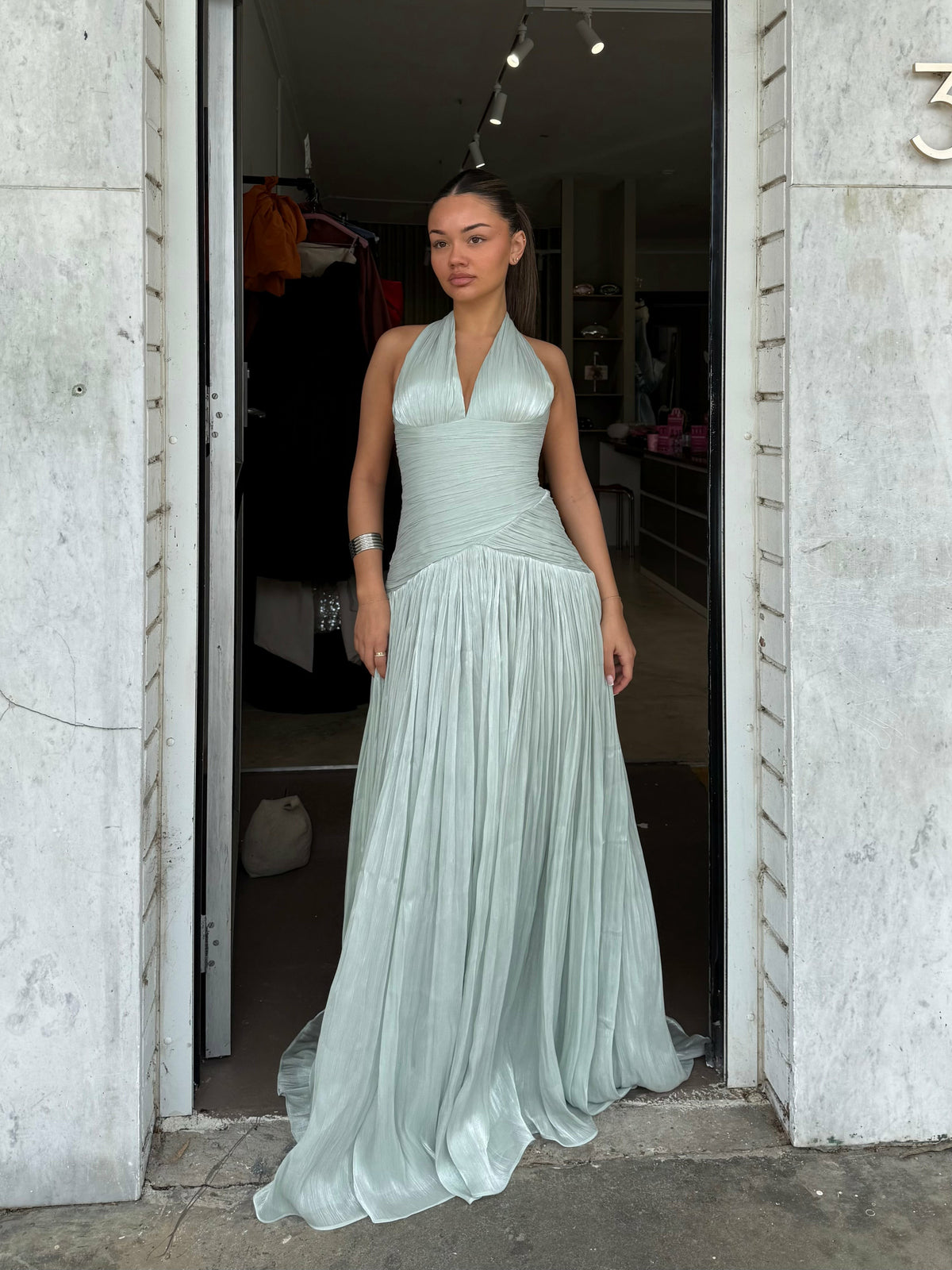 Elegantes grünes Ballkleid mit Rüschen und Rundhalsausschnitt für Damen, formelle Anlässe, Partykleid, Abendkleid