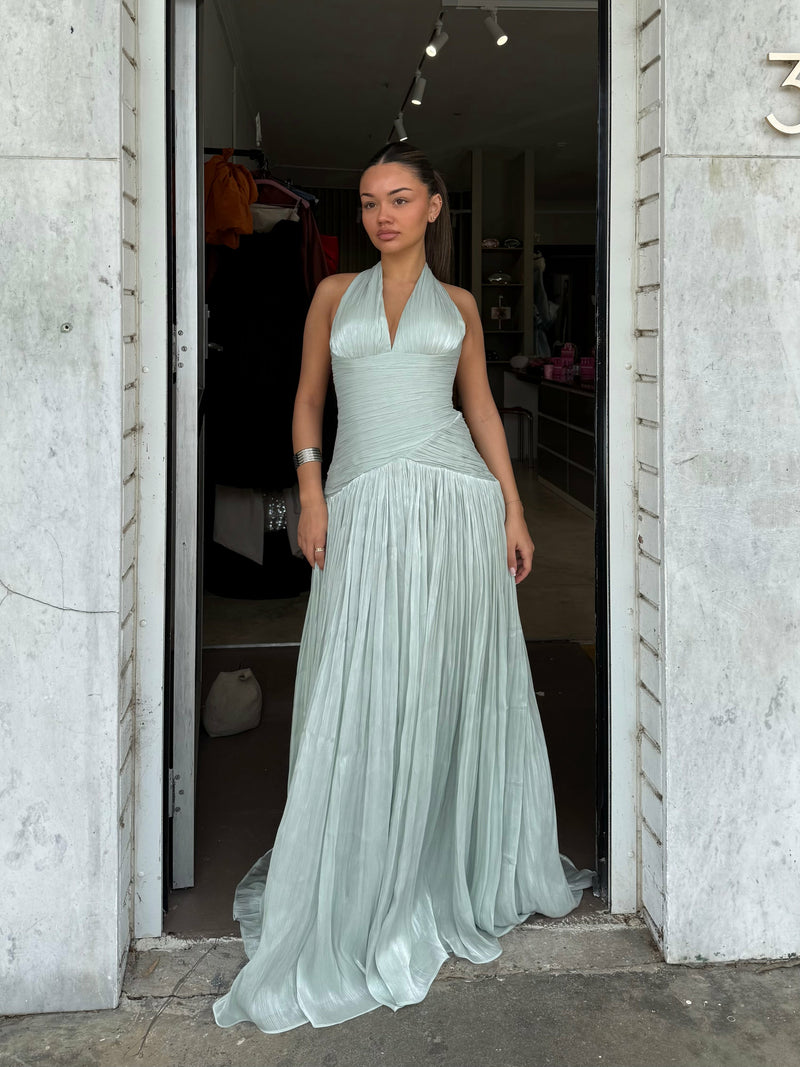 Elegantes grünes Ballkleid mit Rüschen und Rundhalsausschnitt für Damen, formelle Anlässe, Partykleid, Abendkleid