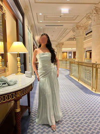 Sage Green Strapless Prom Dress Detachable Long Sleeves Pleated Formal Evening Gown Ms2604184