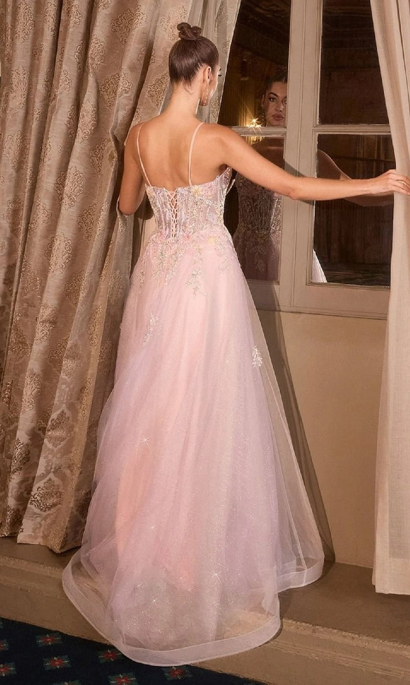 Lace Applique Prom Dress Sparkly Tulle A Line Formal Gown Spaghetti Straps Corset Evening Dress Ms2606225
