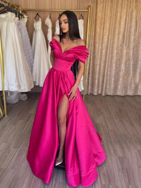 Off Shoulder Satin Prom Gown 2025 Slit Formal Prom Dress Evening Party Dress Ms2505082