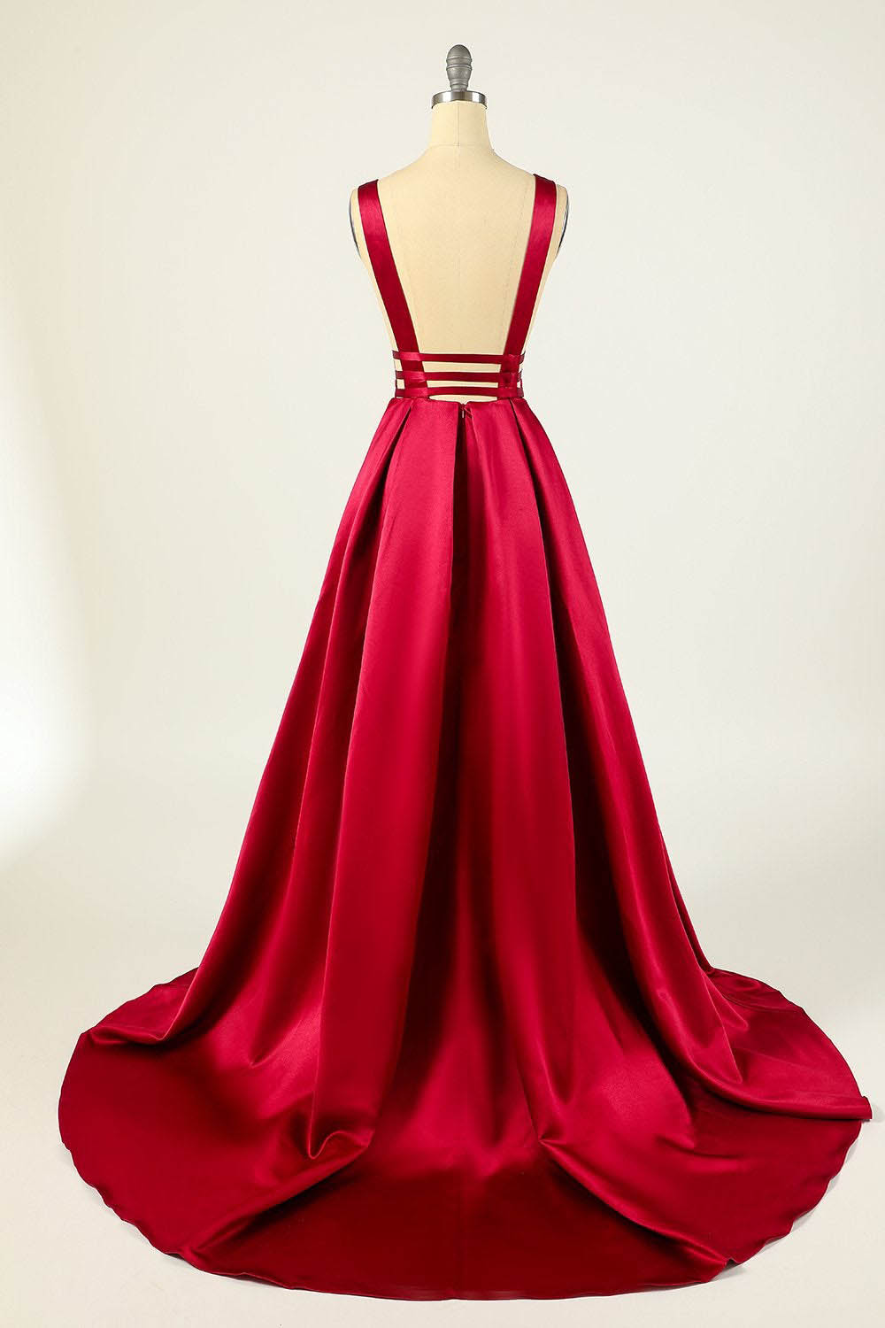 Deep V-Neck Pleated A-Line Prom Dress Satin Backless Evening Dress Ms2510165