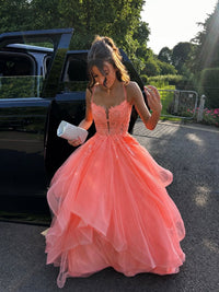 Glitter Tulle Prom Dress Spaghetti Strap Lac Applique Formal Gown Princess Birthday Dress Ms2607085