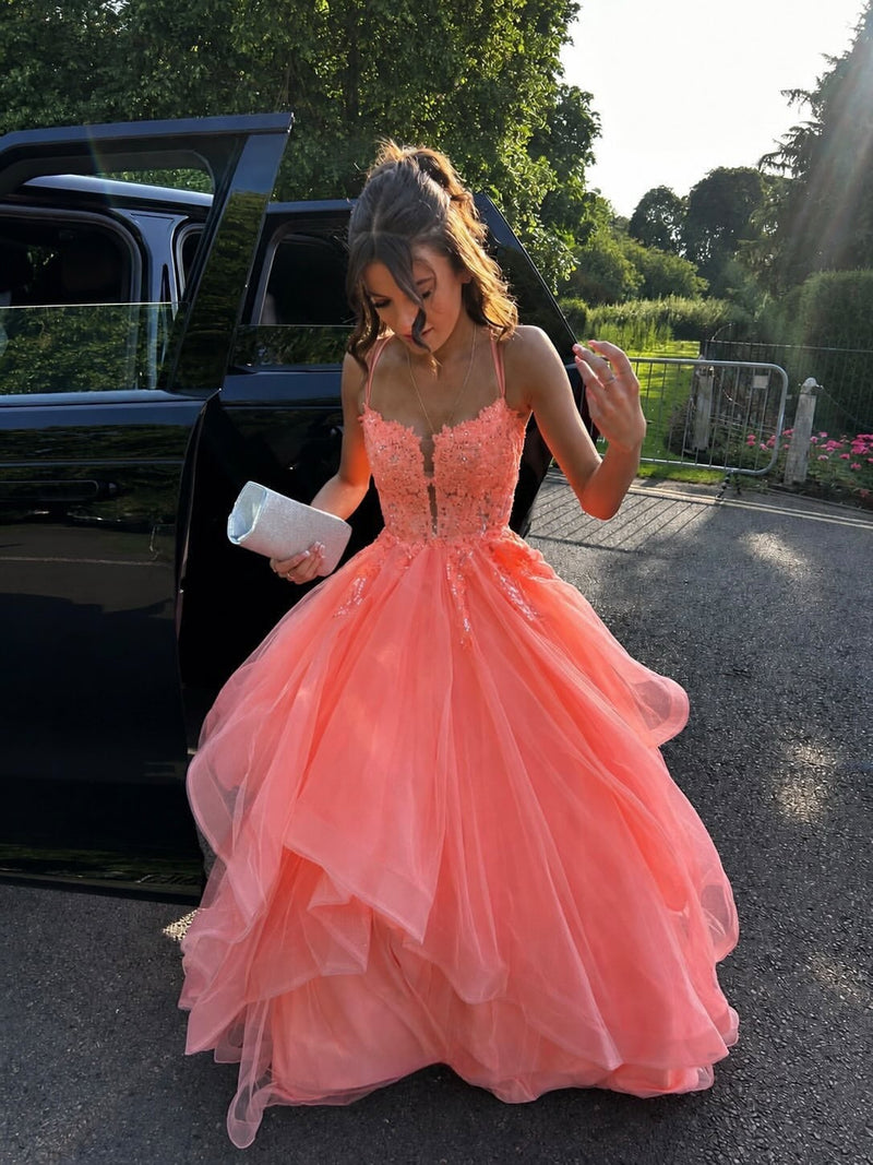 Glitter Tulle Prom Dress Spaghetti Strap Lac Applique Formal Gown Princess Birthday Dress Ms2607085