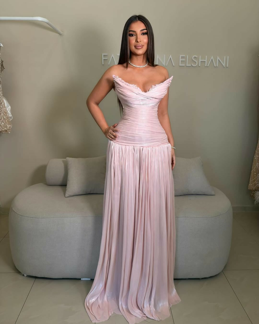 Pink Strapless Prom Dress Lace Applique Formal Evening Gown Pleated Gala Dress Ms2605303