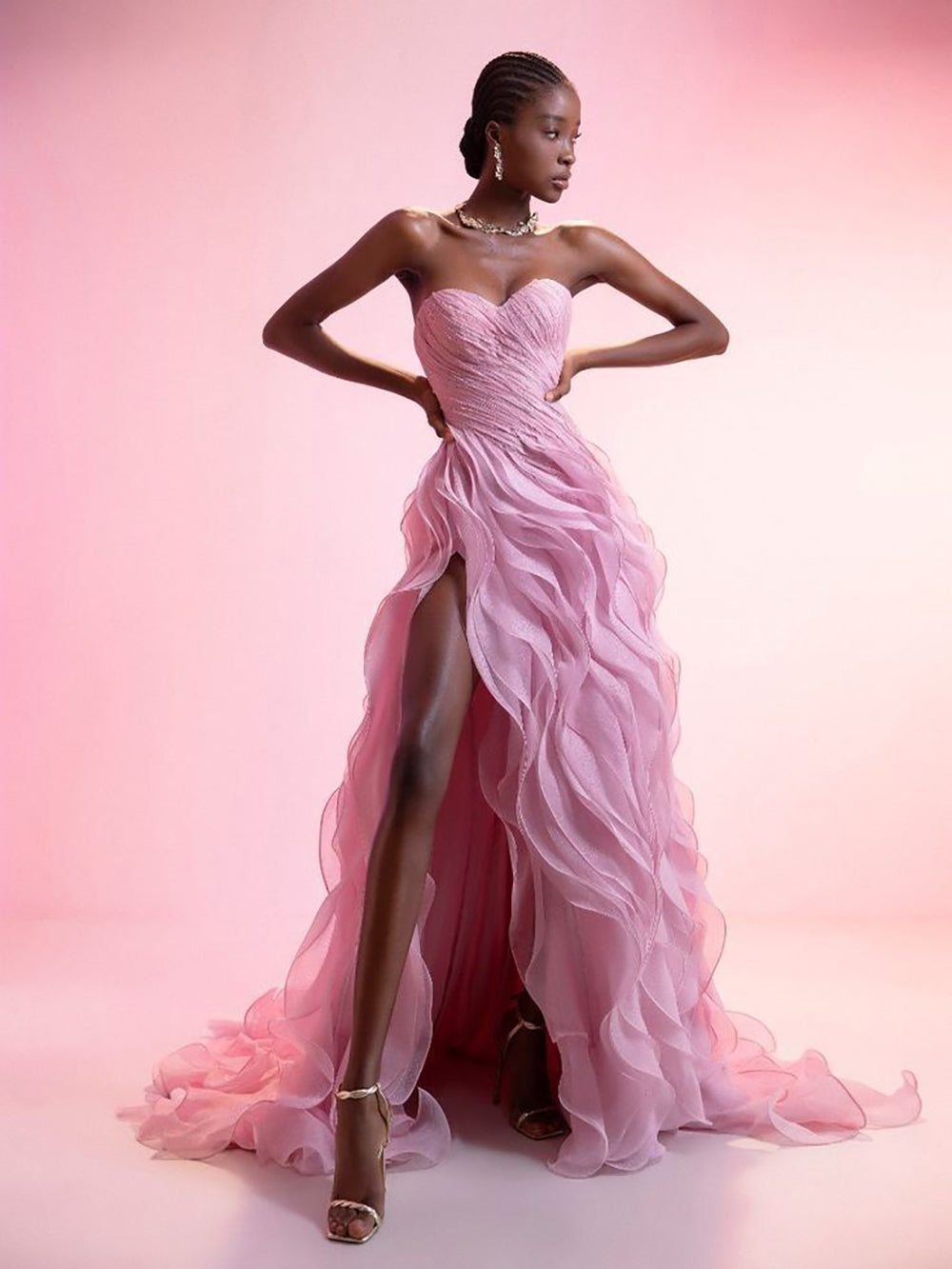 Ruffled Prom Gown Sweetheart High Slit Party Dress Strapless Wavy Layered Tulle Evening Dress Ms2505062