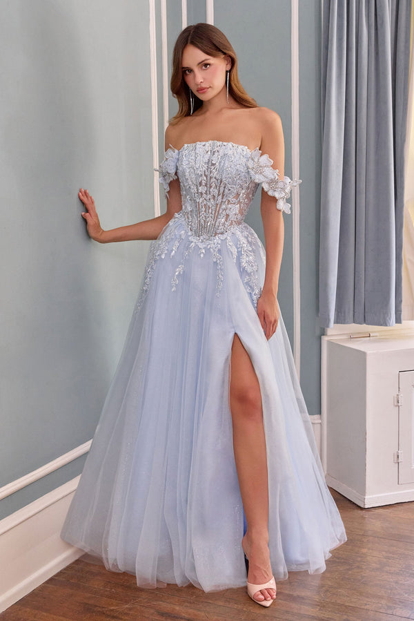 Off Shoulder Corset Lace Appliques Prom Dress Tulle A Line High Slit Formal Evening Gowns Ms2607312