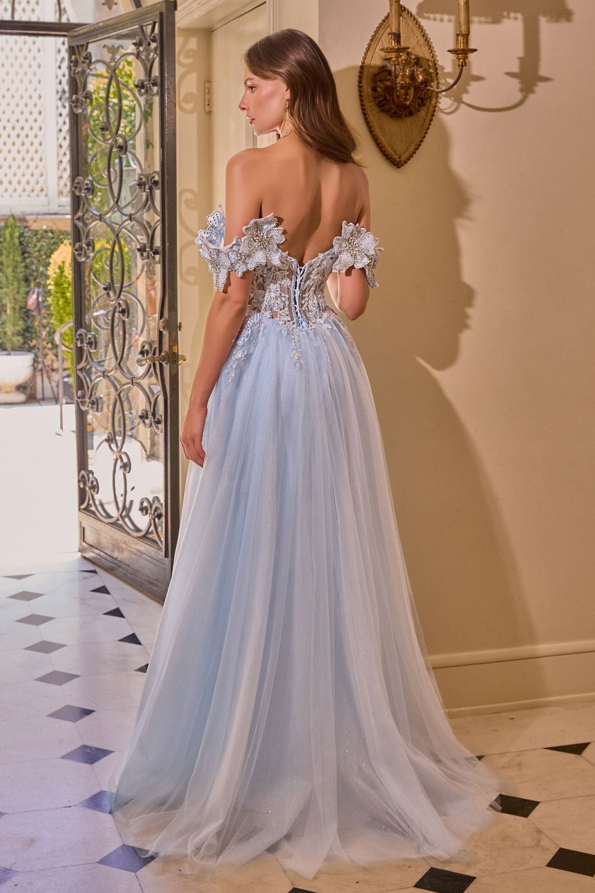 Off Shoulder Corset Lace Appliques Prom Dress Tulle A Line High Slit Formal Evening Gowns Ms2607312